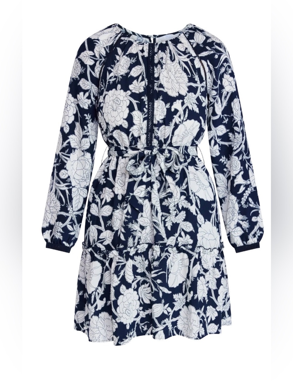 Time and Tru Peasant Mini Dress 2XL XXL Floral Navy Blue Lace Long Sleeve Boho - Picture 6 of 7